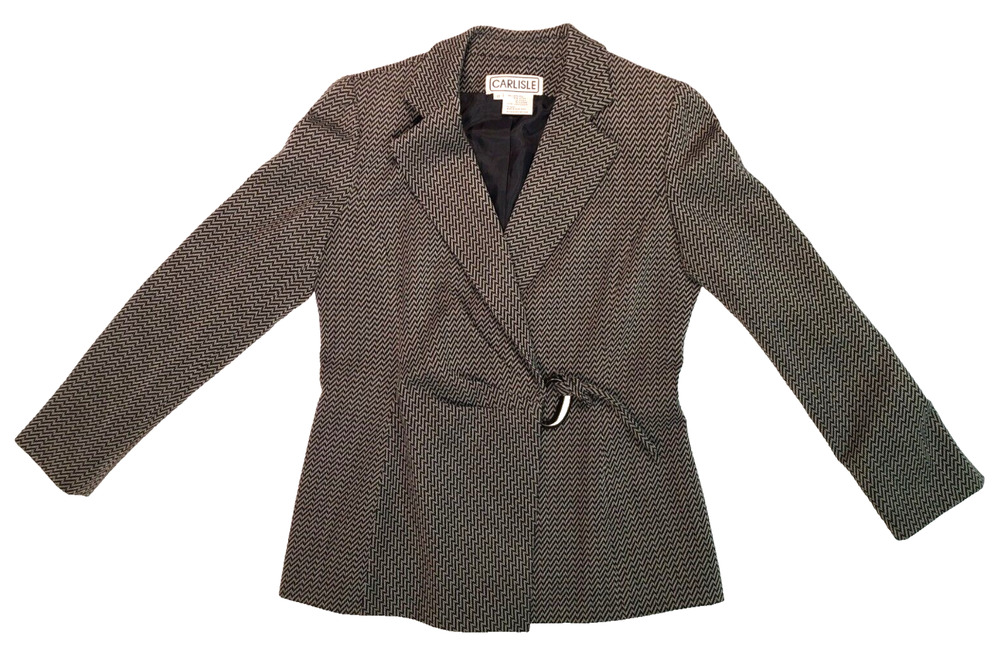 Carlisle Wool Blend Classic Herringbone Pattern Black Gray Blazer Womens Size 10